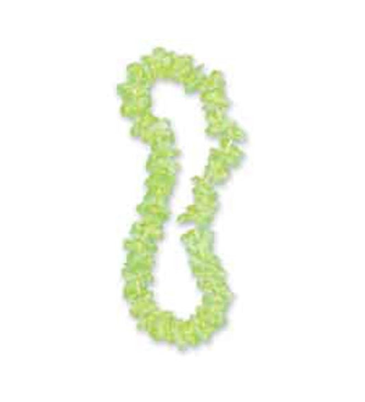 Lime green floral lei with layered fabric petals, 40 inches long, tropical party accessory.