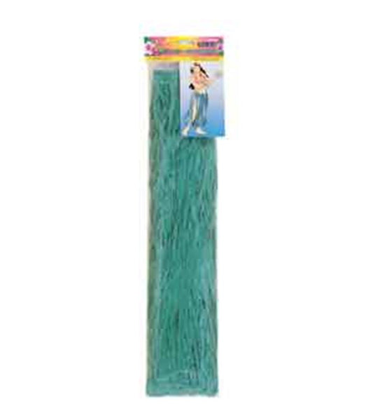 Long green nylon hula skirt with thin strands and elastic waistband in packaged retail display.