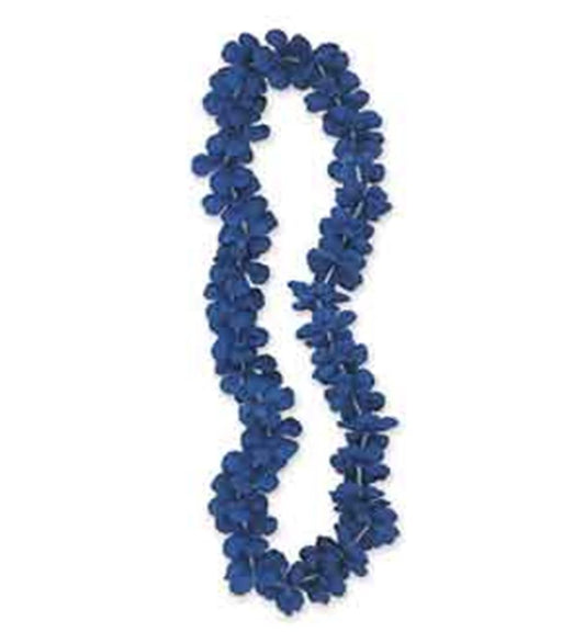 Royal blue 40-inch flower lei with densely clustered fabric petals.