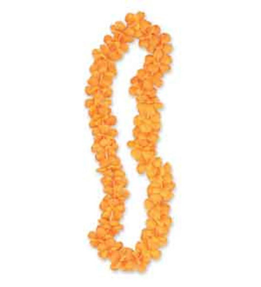 Bright orange artificial flower lei with tightly clustered petals, 40 inches long.