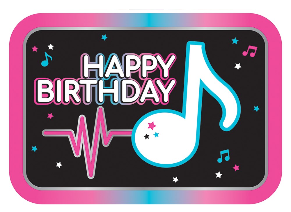 Black rectangular party cutout with pink border, "Happy Birthday" text, white musical note, and colorful music symbols.