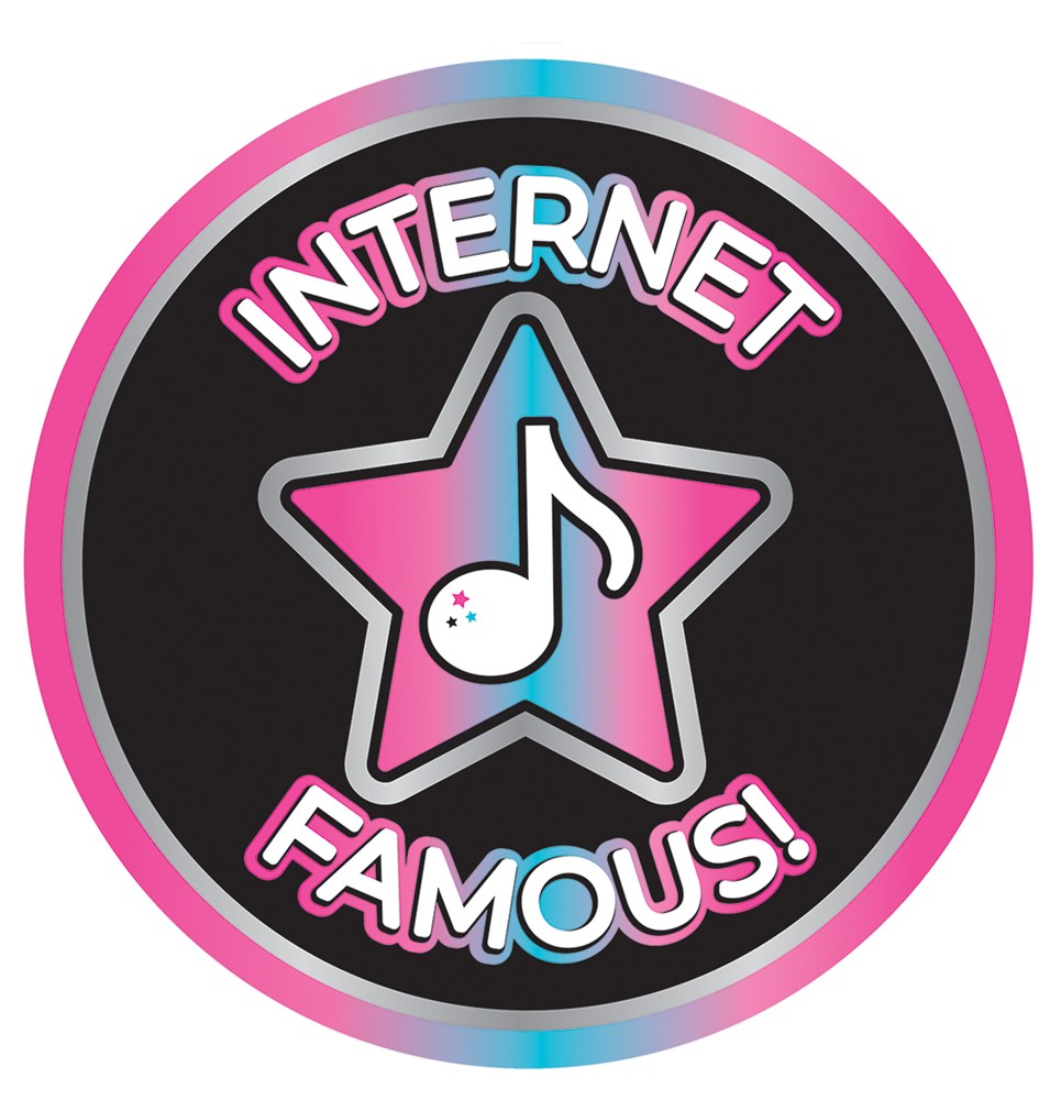 Round black cutout with pink and blue gradient border featuring a star with a white musical note and the words Internet.