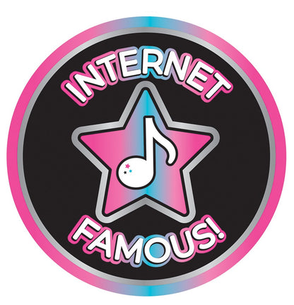 Round black cutout with pink and blue gradient border featuring a star with a white musical note and the words Internet.