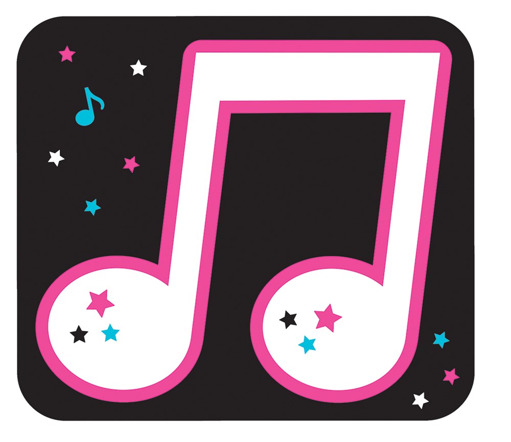 Black square cutout with a large pink and white musical note and small colorful stars and music notes around it.