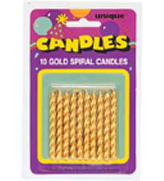 Pack of 10 gold spiral birthday candles in clear plastic on purple card backing.