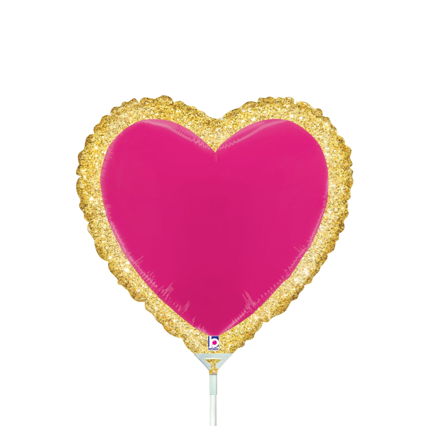 Pink heart-shaped foil balloon with gold ruffled border on white stick.