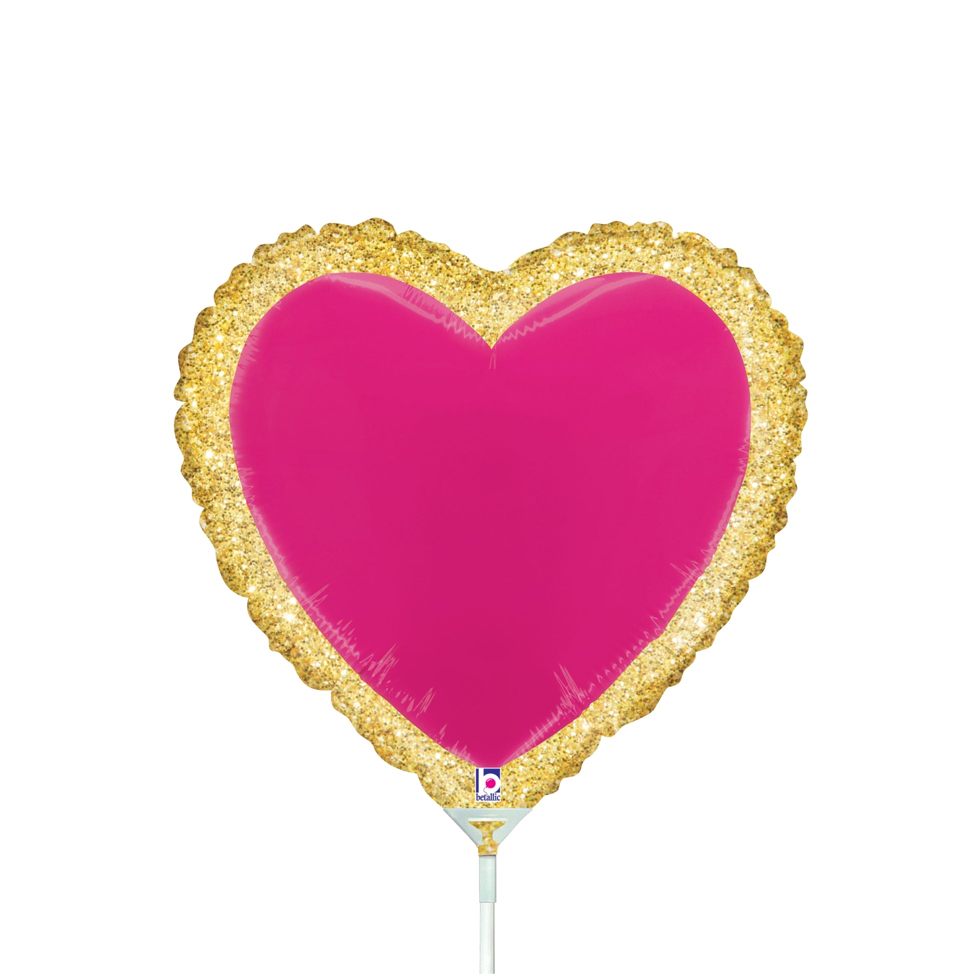 Pink heart-shaped foil balloon with gold ruffled border on white stick.
