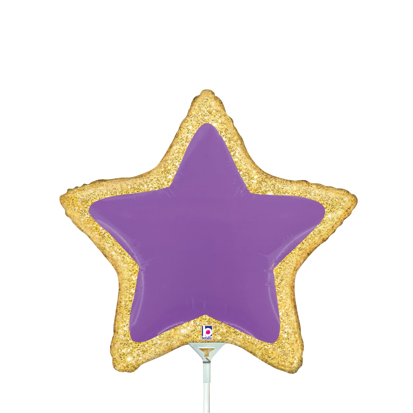 Purple star-shaped foil balloon with a gold glittery border and a white plastic stick attached.