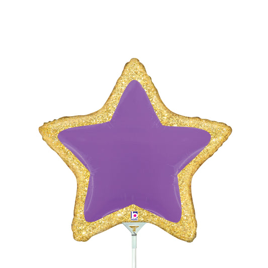 Purple star-shaped foil balloon with a gold glittery border and a white plastic stick attached.