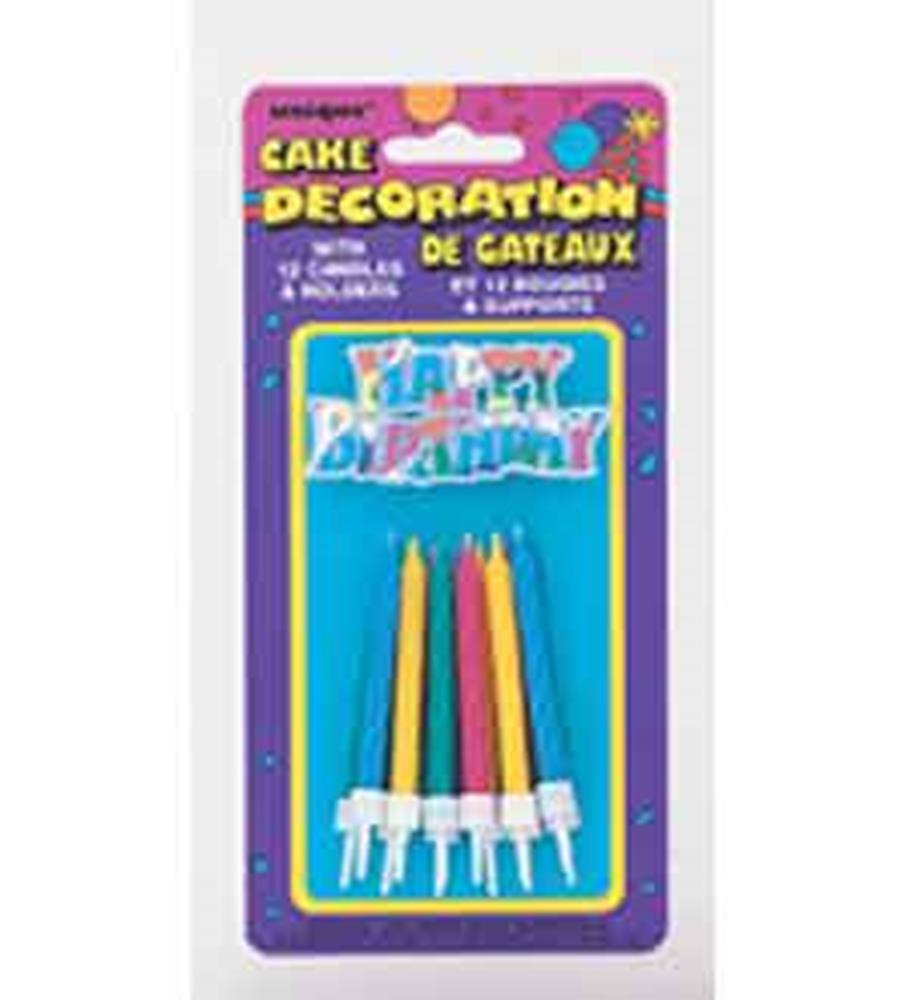 Rainbow "Happy Birthday" cake topper with 12 colorful birthday candles on white holders.