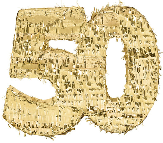 Gold foil piñata shaped as the number 50 with a fringed texture and shiny finish.