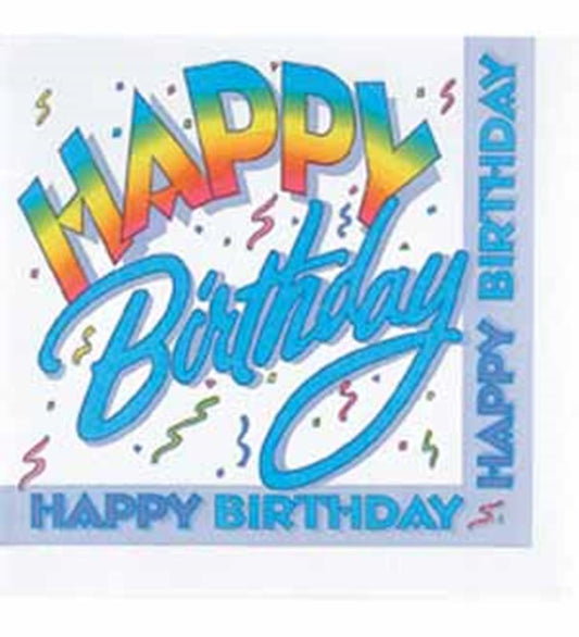White square napkin with colorful "HAPPY" and blue cursive "Birthday" text, decorated with multicolored confetti and smaller