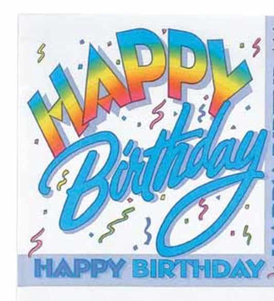 White rectangular napkin with colorful "Happy Birthday" text in rainbow gradient and blue cursive, decorated with.