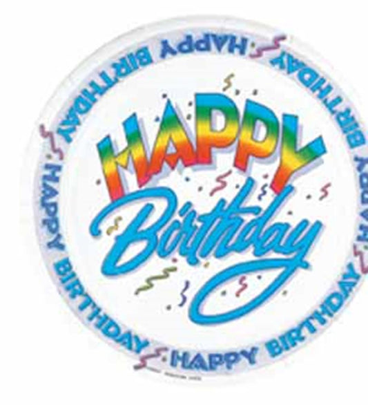 Round white paper plate with colorful "Happy Birthday" text in rainbow and blue, surrounded by blue "Happy Birthday".