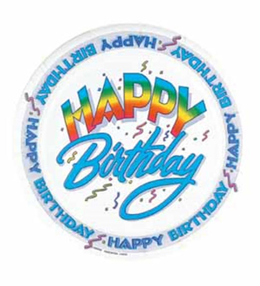 White round paper plate with colorful "Happy Birthday" text and multicolored confetti accents.