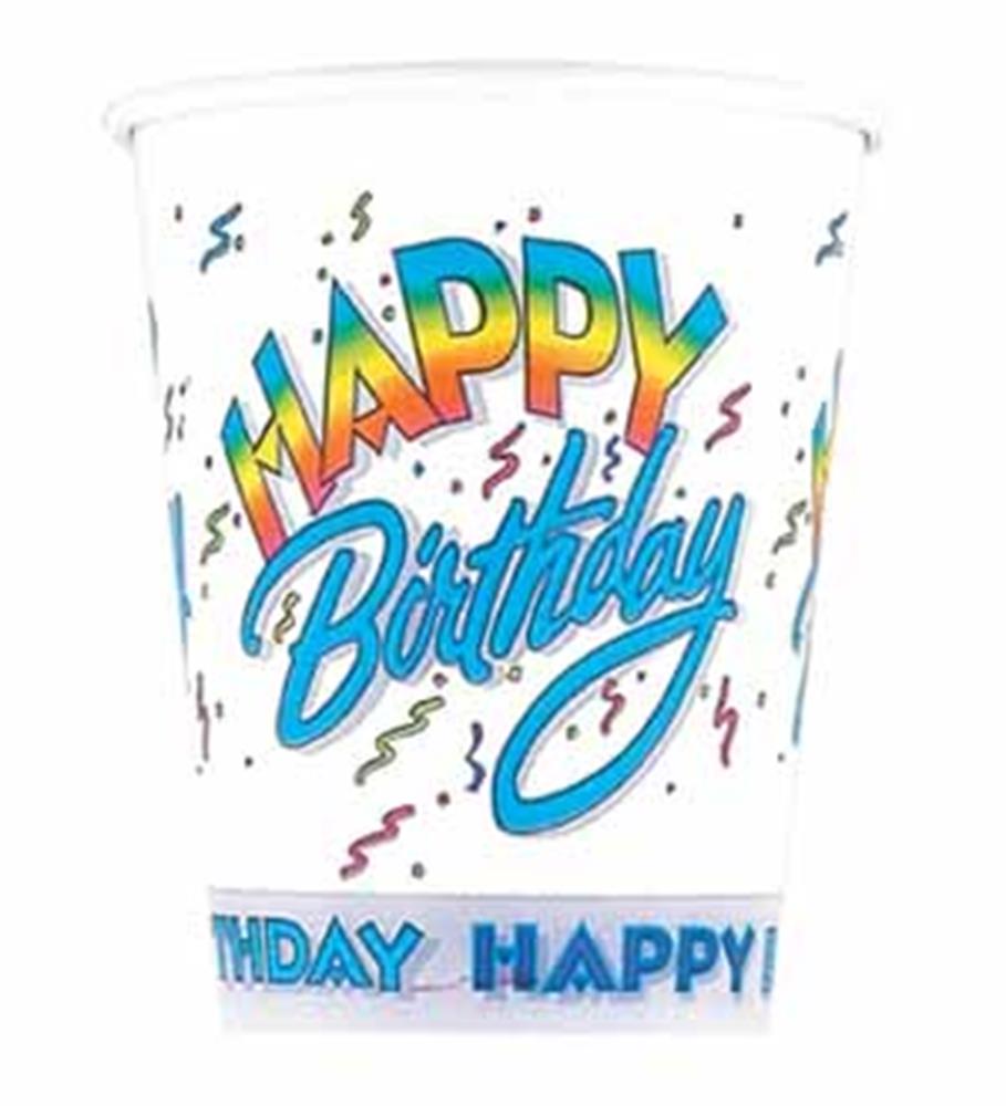 White paper cup with colorful "Happy Birthday" text and confetti designs, 9oz capacity.