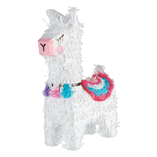 White fringed paper llama piñata with colorful saddle and "Happy Birthday" blocks around its neck.