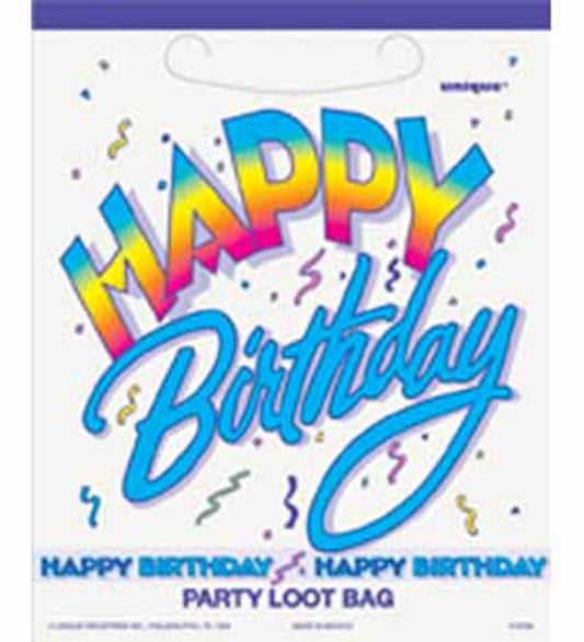 White plastic loot bag with colorful "Happy Birthday" text and confetti designs, 8-pack.