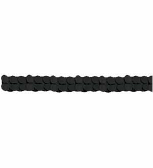 Jet black paper garland with round petals linked in a continuous chain.