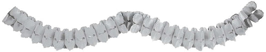 Silver paper garland with a folded fan design for decorations.