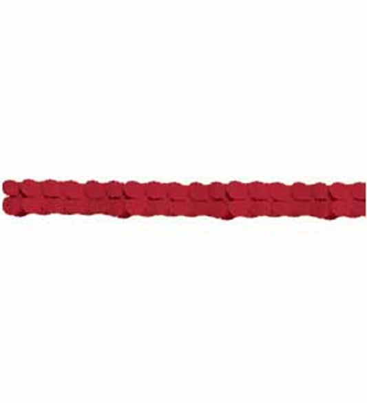 Red paper garland with evenly spaced scalloped circular segments linked together.
