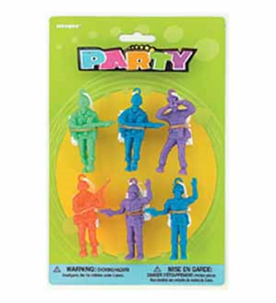 Pack of six colorful plastic toy soldiers in green, red, blue, and purple, each holding different weapons.