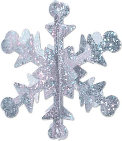 Silver glittery 3D snowflake cutout with six symmetrical arms and rounded tips.