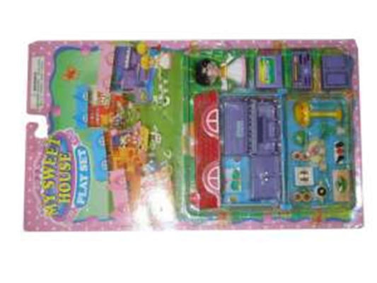 Colorful plastic playhouse toy set with purple and red parts, featuring miniature furniture and accessories in blister.