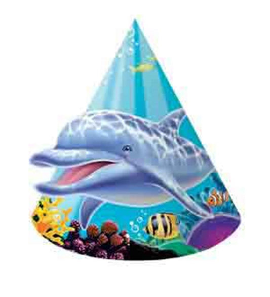 Blue cone-shaped paper party hat featuring a smiling dolphin and colorful ocean fish design.