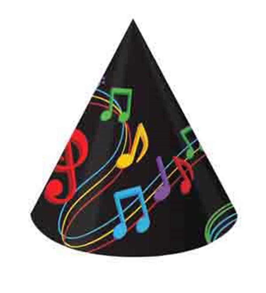 Black cone party hat with colorful dancing musical notes and rainbow swirling lines.