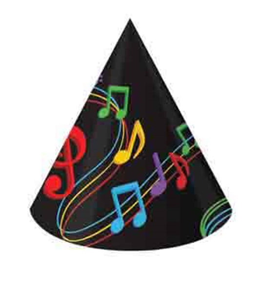 Black cone party hat with colorful dancing musical notes and rainbow swirling lines.
