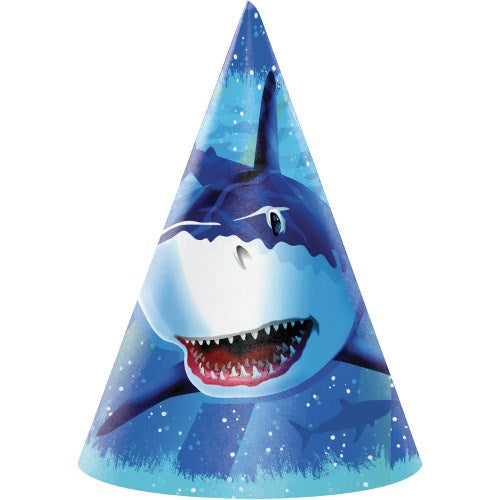 Blue cone-shaped child hat featuring a large shark face with open mouth and sharp teeth.