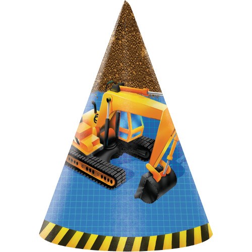 Blue cone party hat with orange excavator and yellow caution stripe base.