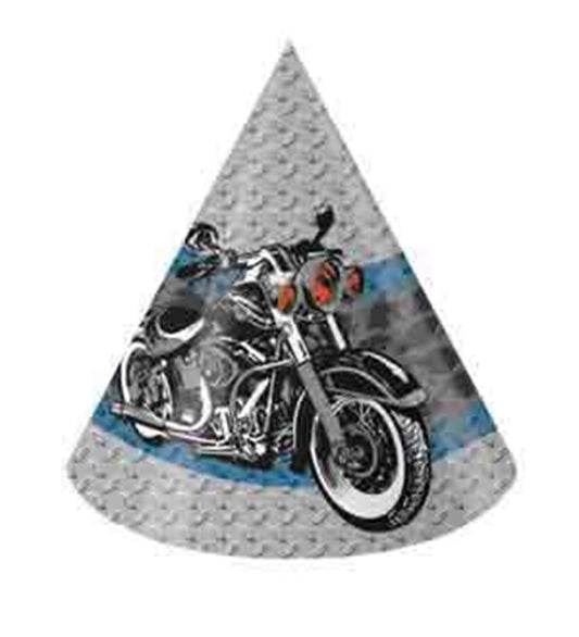 Gray cone party hat with black and white motorcycle graphic and blue stripe accents.