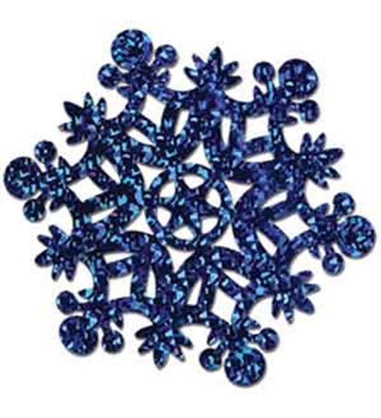 Blue prismatic glitter snowflake decoration with intricate symmetrical cutouts.