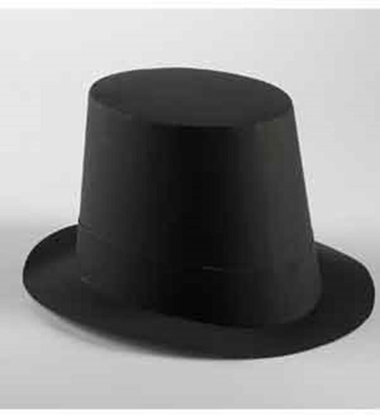 Black rigid children’s top hat with a flat brim and tall, cylindrical crown.