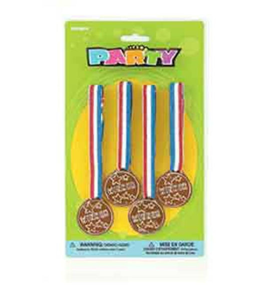 Three bronze-colored plastic medals with "1st Place" embossed, each hanging from a red, white, and blue striped ribbon on a.