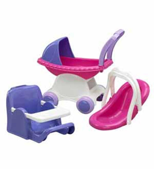 Purple and pink plastic doll stroller, pink and white slide, and purple and white doll car seat toy set.