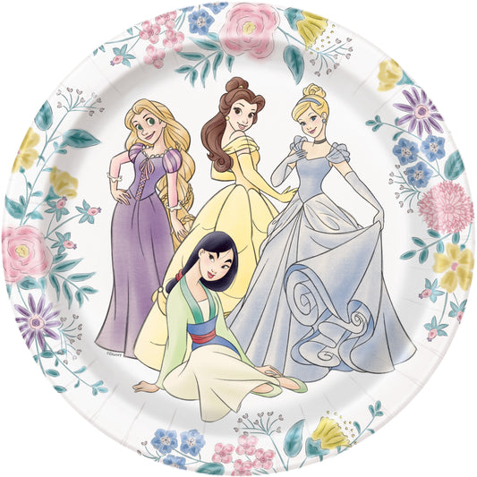 Round 9-inch paper plate with colorful floral border and four Disney princesses in pastel dresses.