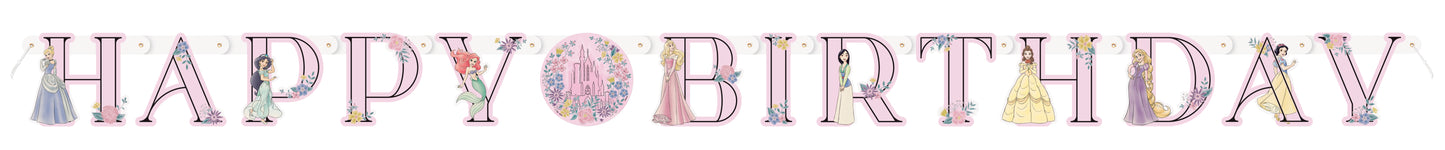 6ft colorful jointed banner with Disney Princess theme spelling "Happy Birthday" in pink and purple letters.