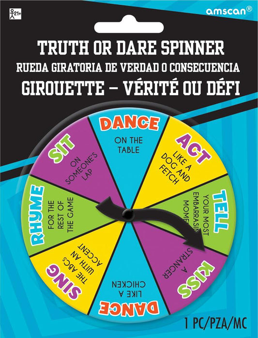 Truth or Dare spinner game with colorful sections labeled Sit, Rhyme, Sing, Dance, Act, Tell, and Kiss on black card backing.