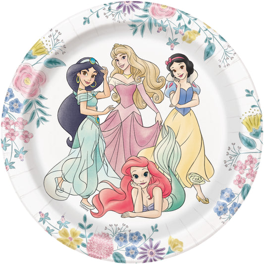 Round 7-inch paper plate with colorful floral border and Disney Princesses Jasmine, Aurora, Snow White, and Ariel.