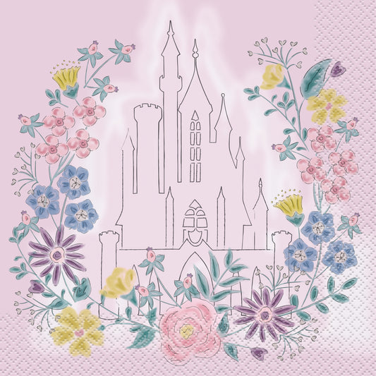 Pink lunch napkin with embossed castle design surrounded by colorful floral wreath and subtle diamond pattern background.