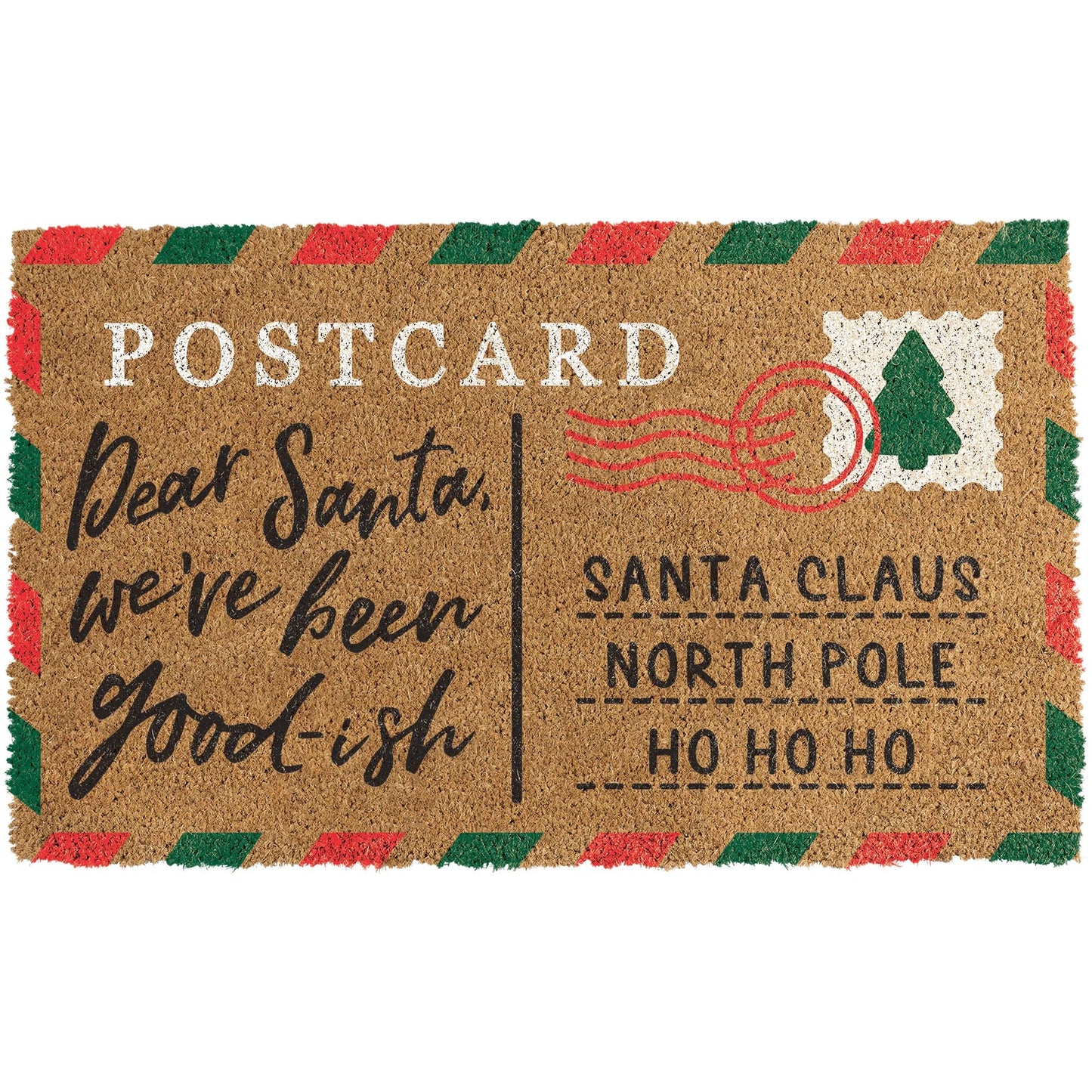 Rectangular coir doormat with red and green striped border, printed postcard design, and festive text to Santa Claus.