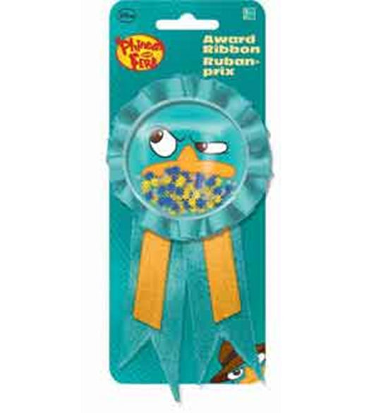 Blue rosette award ribbon with Phineas and Ferb character graphic and orange satin tails.
