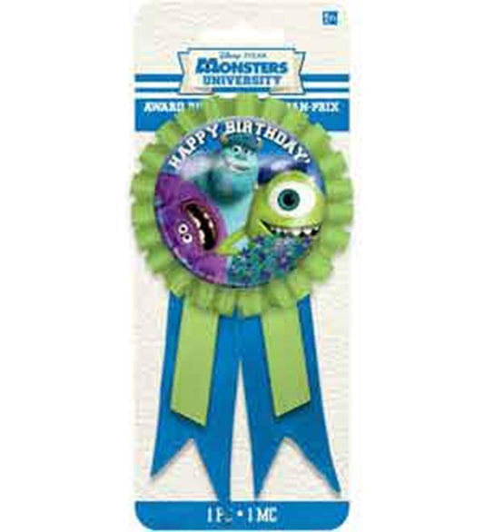 Monsters University birthday award ribbon with green rosette and blue and green tails featuring Sulley and Mike Wazowski.