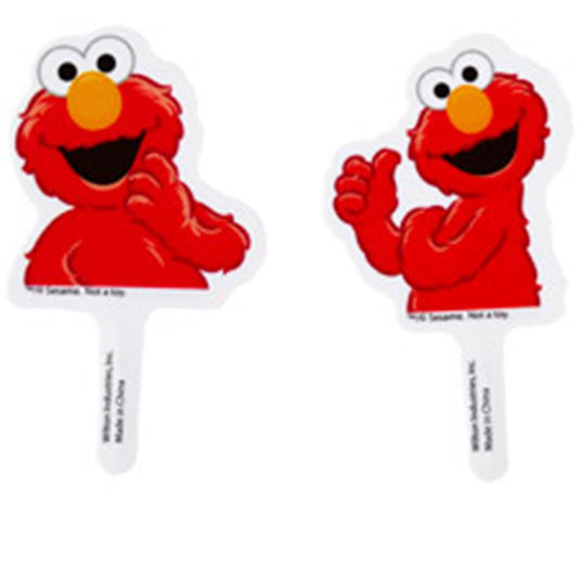 Two red Elmo-shaped hand fans with white handles, featuring Elmo's smiling face and waving hands from Sesame Street.