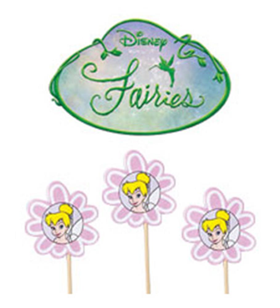 Pink flower-shaped picks with Tinkerbell faces in the center and wooden sticks.