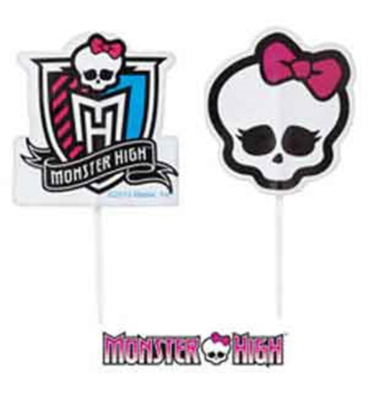 Monster High themed cake topper with a skull logo wearing a pink bow and a colorful emblem featuring a skull with a pink bow