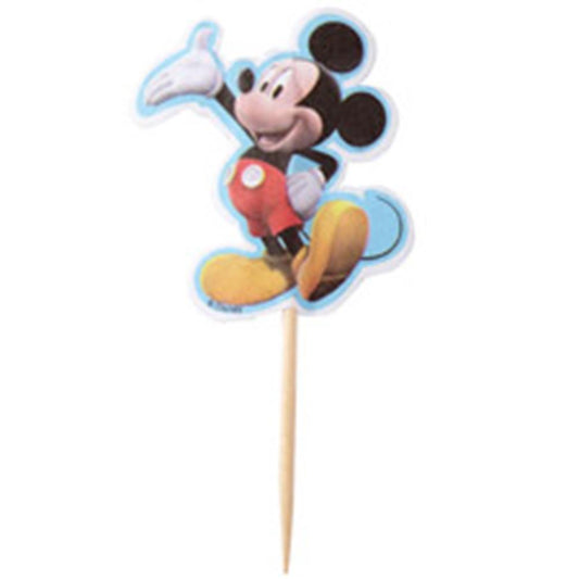 Colorful Mickey Mouse figure wearing red shorts and yellow shoes on a wooden stick topper.